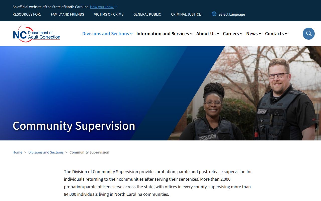 North Carolina Community Supervision page distinguishing probation, parole, and post-release supervision