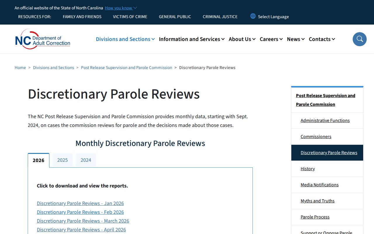 North Carolina Discretionary Parole Review monthly results page