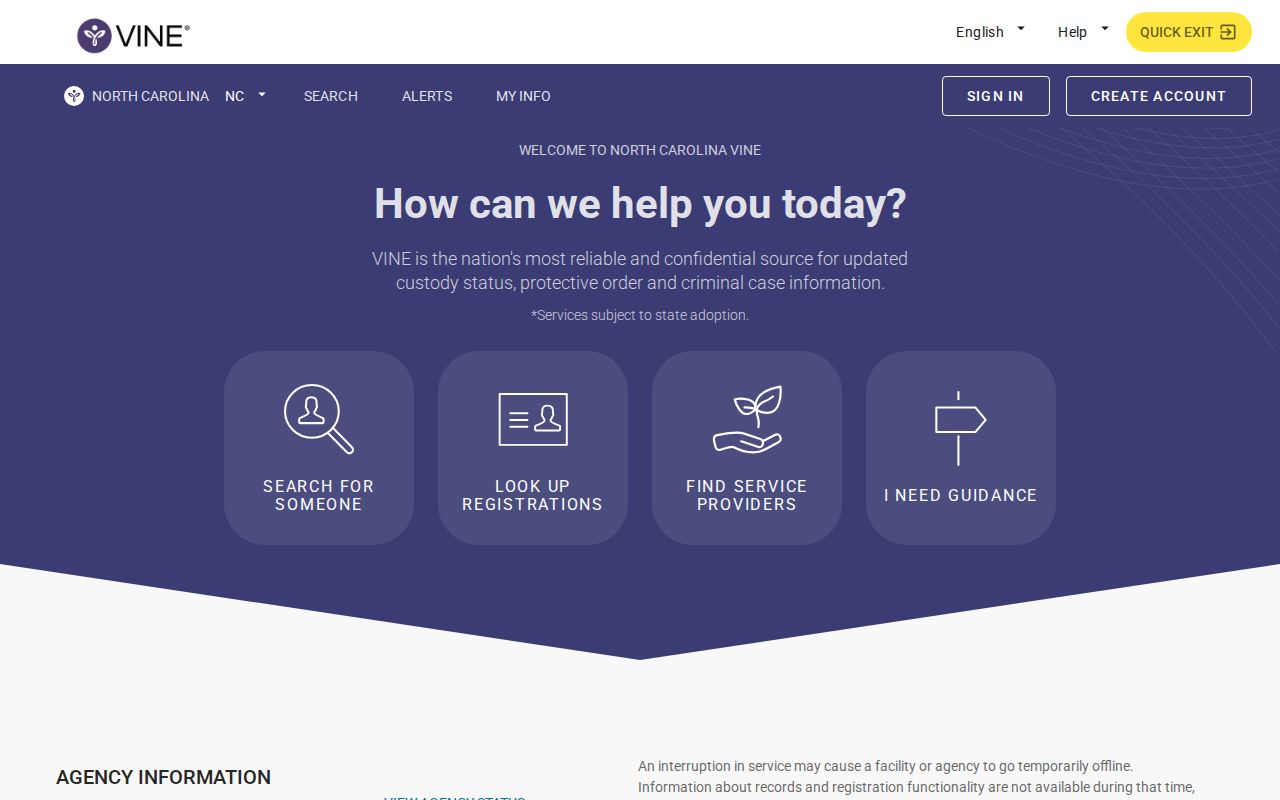North Carolina VINELink specific-person custody search screen