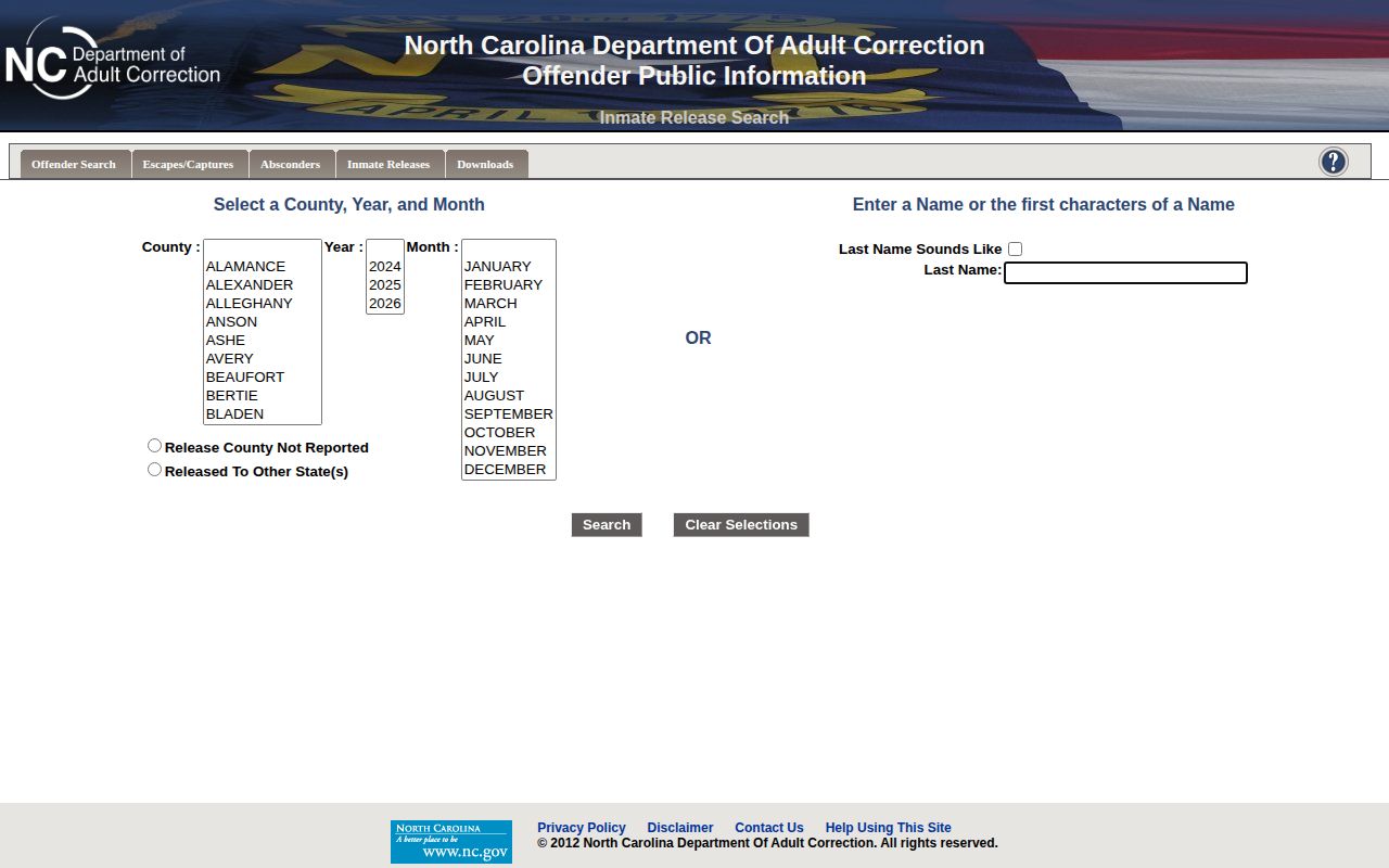 NCDAC release search fields for Chatham County released state inmates